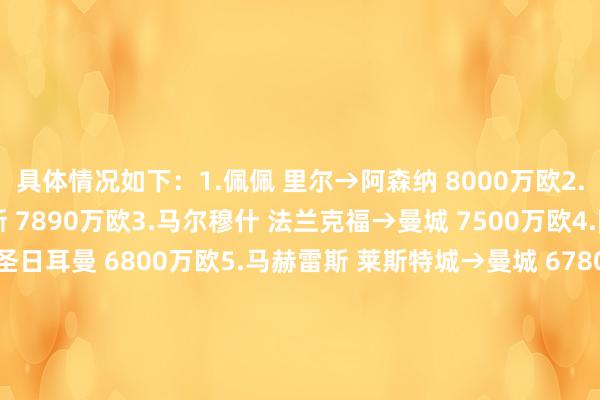 具体情况如下：1.佩佩 里尔→阿森纳 8000万欧2.奥斯梅恩 里尔→那不勒斯 7890万欧3.马尔穆什 法兰克福→曼城 7500万欧4.阿什拉夫 国米→巴黎圣日耳曼 6800万欧5.马赫雷斯 莱斯特城→曼城 6780万欧6.库杜斯 西汉姆联→热刺 6380万欧6.奥巴梅扬 多特蒙德→阿森纳 6380万欧8.凯塔 莱斯特城→热刺 6000万欧9.万-比萨卡 水晶宫→曼联 5500万欧10.奥纳纳 