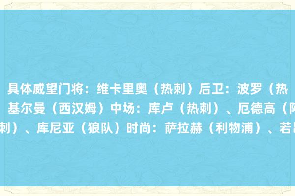 具体威望门将：维卡里奥（热刺）后卫：波罗（热刺）、勒米纳（狼队）、基尔曼（西汉姆）中场：库卢（热刺）、厄德高（阿森纳）、麦迪逊（热刺）、库尼亚（狼队）时尚：萨拉赫（利物浦）、若昂-佩德罗（布莱顿）、萨卡（阿森纳）最好主帅：波斯特科格鲁（热刺）    体育最新信息
